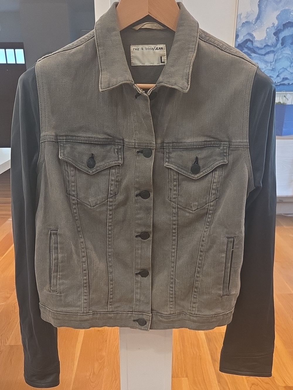 rag & bone Womens Gray Wash Denim Jacket Black Leather Sleeves Made In USA (L)